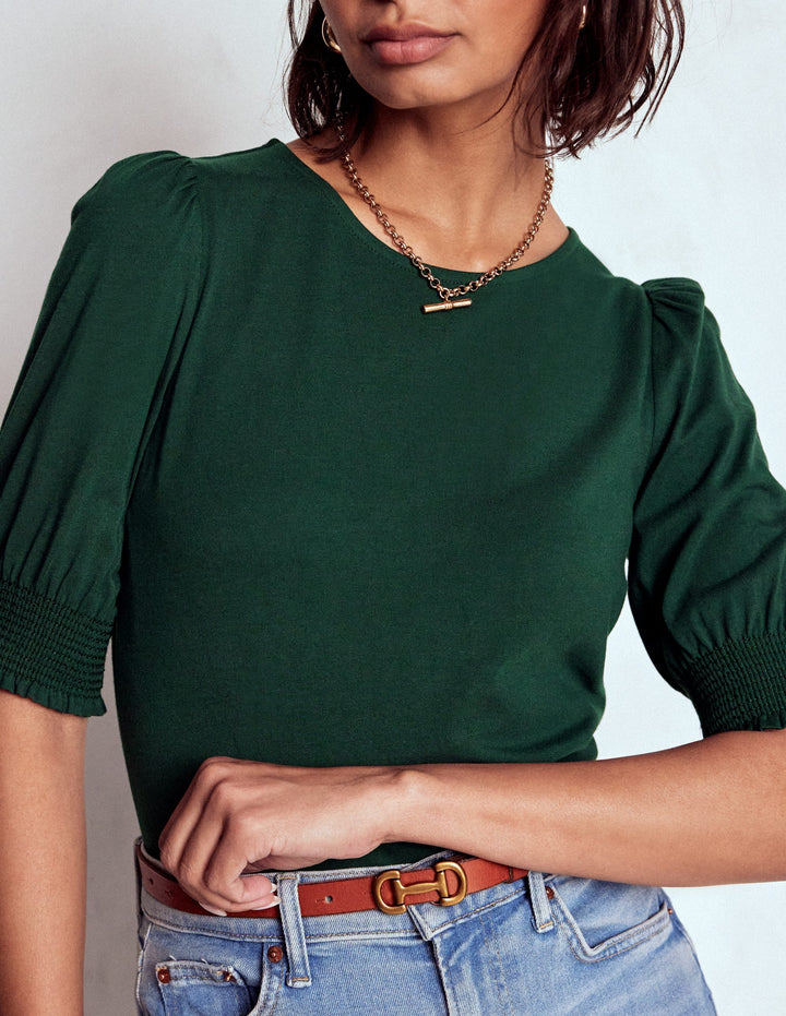 Kurzärmeliges Oberteil mit gesmokten Bündchen-Kiefergrün