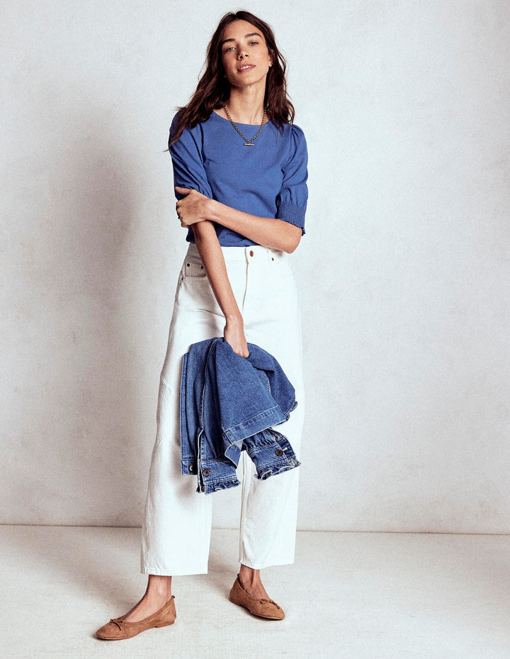 Kurzärmeliges Oberteil mit gesmokten Bündchen-Denim-Blau