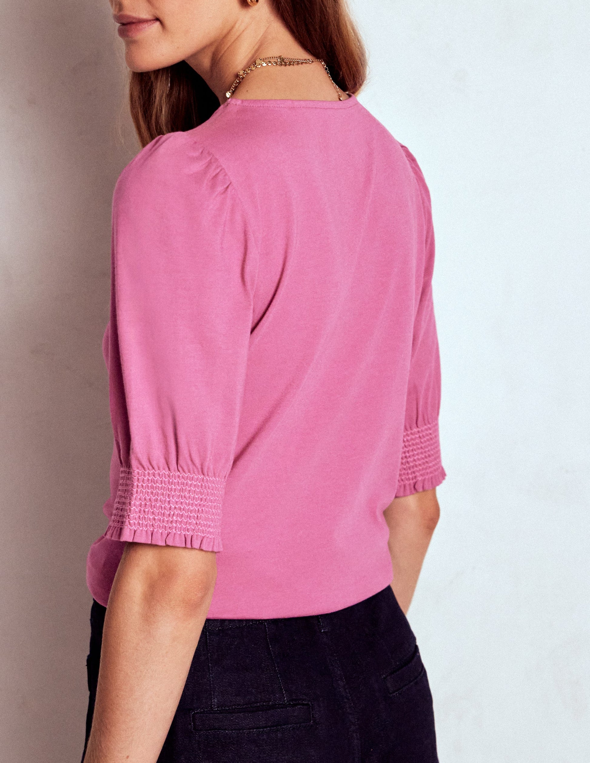 Kurzärmeliges Oberteil mit gesmokten Bündchen-Violette Zwetschge-3