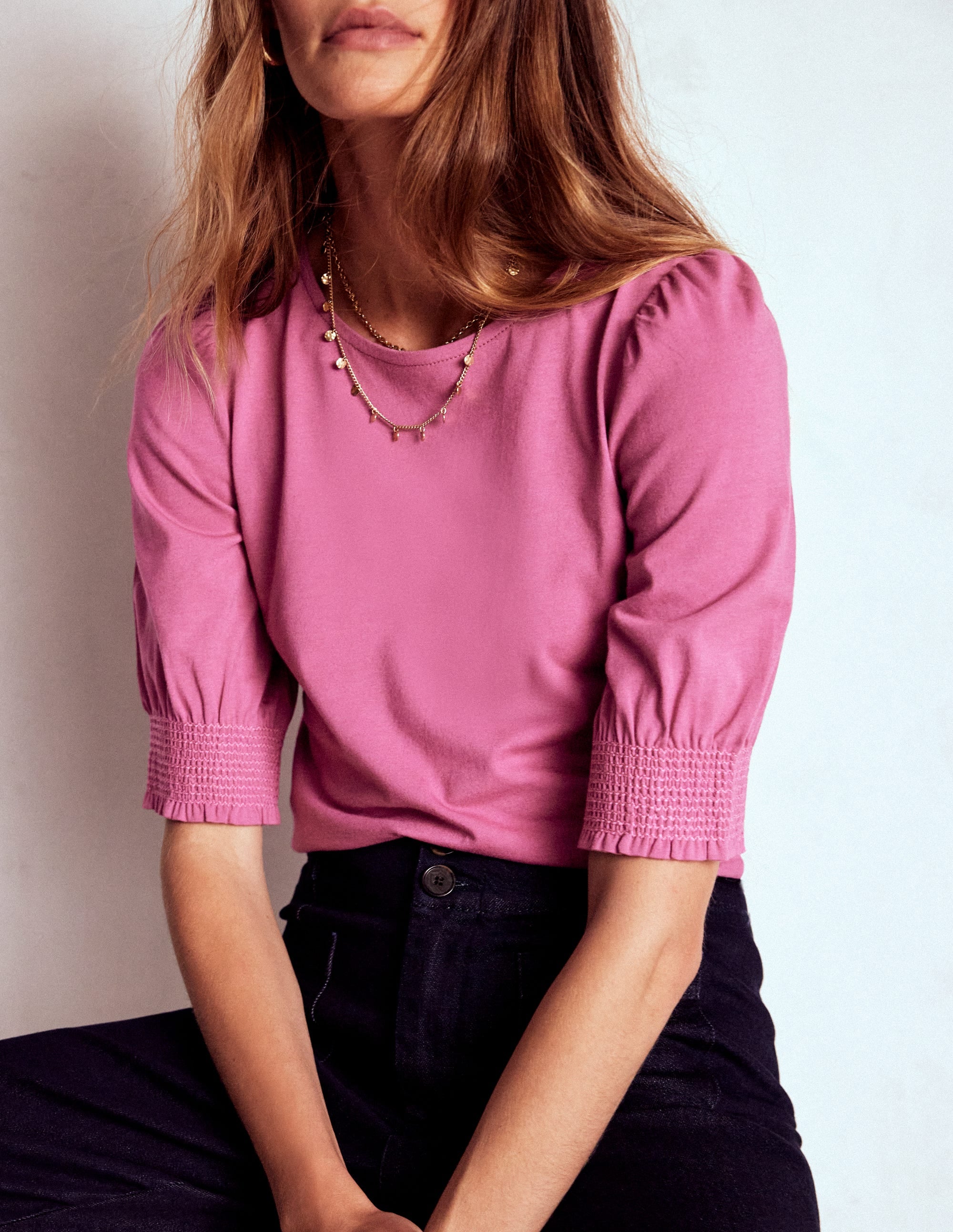 Kurzärmeliges Oberteil mit gesmokten Bündchen-Violette Zwetschge - Image 5