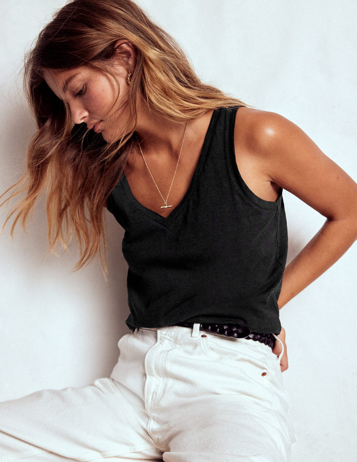 Flammgarn-Top mit V-Ausschnitt-Schwarz