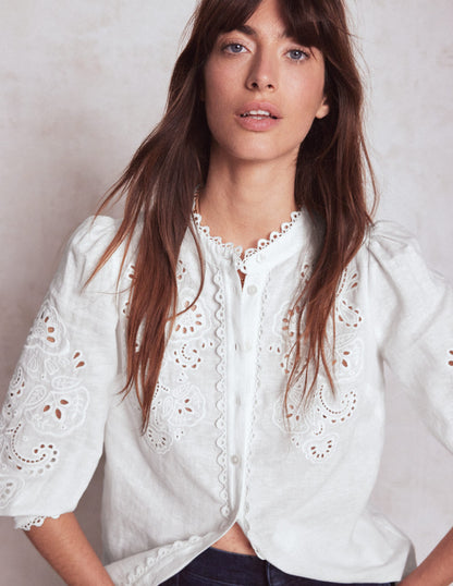 Alicia Leinenoberteil mit Cutwork-Weiß, Cutwork-Stickerei-1