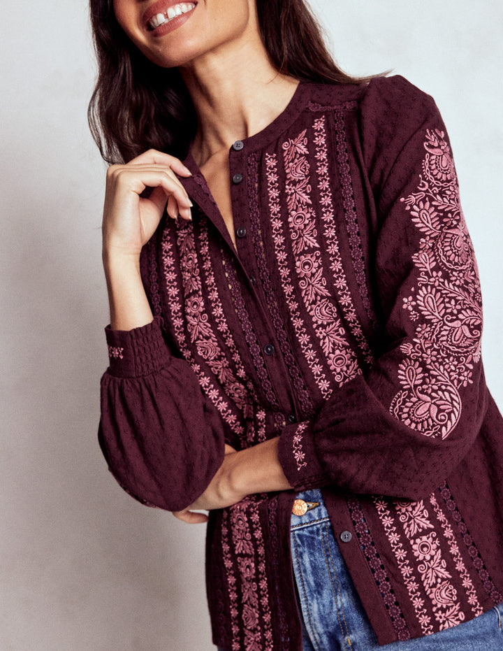 Besticktes Oberteil aus Baumwolle-Dunkle Kirsche