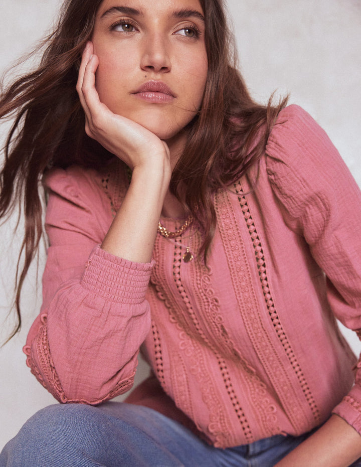 Doppeltuch-Oberteil mit Besatz-Rosa Heide