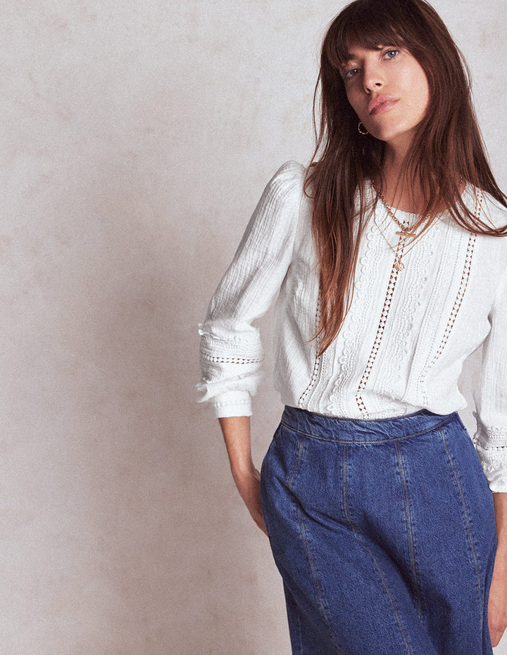 Doppeltuch-Oberteil mit Besatz-Weiß