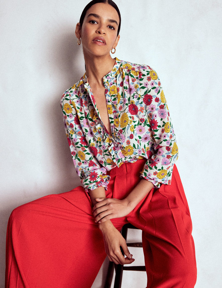 Alice Seidenoberteil mit Rüschen vorn-Bunt, Kaskadenartige Dahlien