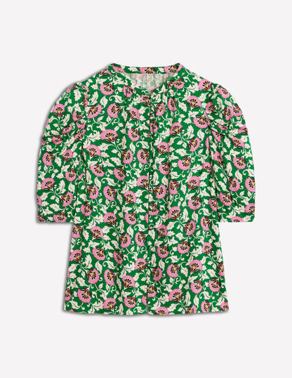 Elegantes Oberteil mit Keulenärmeln-Sattes Smaragdgrün, Rebenornament-5