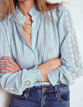 Lorna Pleated Cotton Top-Blue and Ivory Stripe