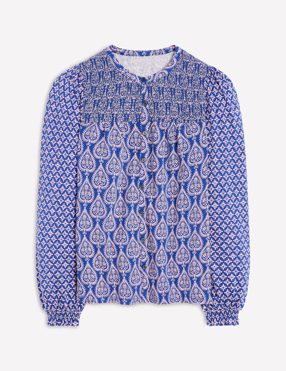 Elsa Jerseyhemd mit gesmokter Passe-Leuchtendes Blau, Geometrische Ornamente-5
