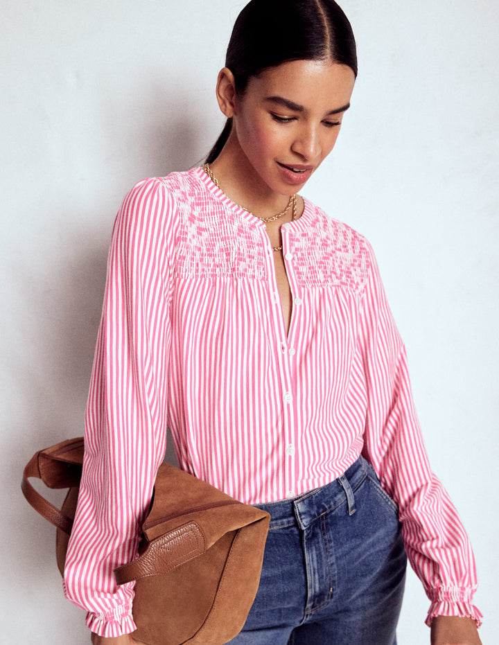 Elsa Jerseyhemd mit gesmokter Passe-Rosa Schleife Streifen