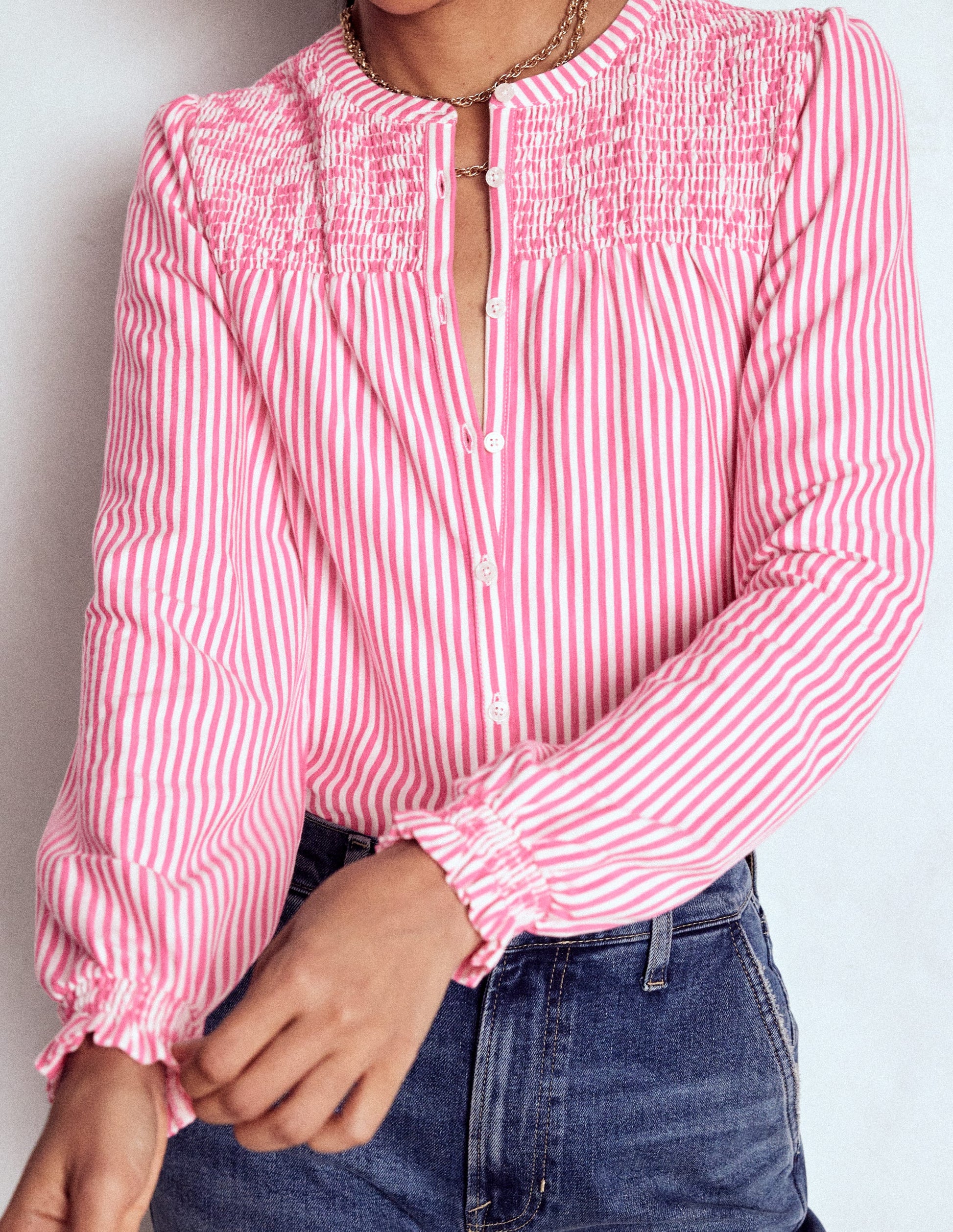 Elsa Jerseyhemd mit gesmokter Passe-Rosa Schleife Streifen-2