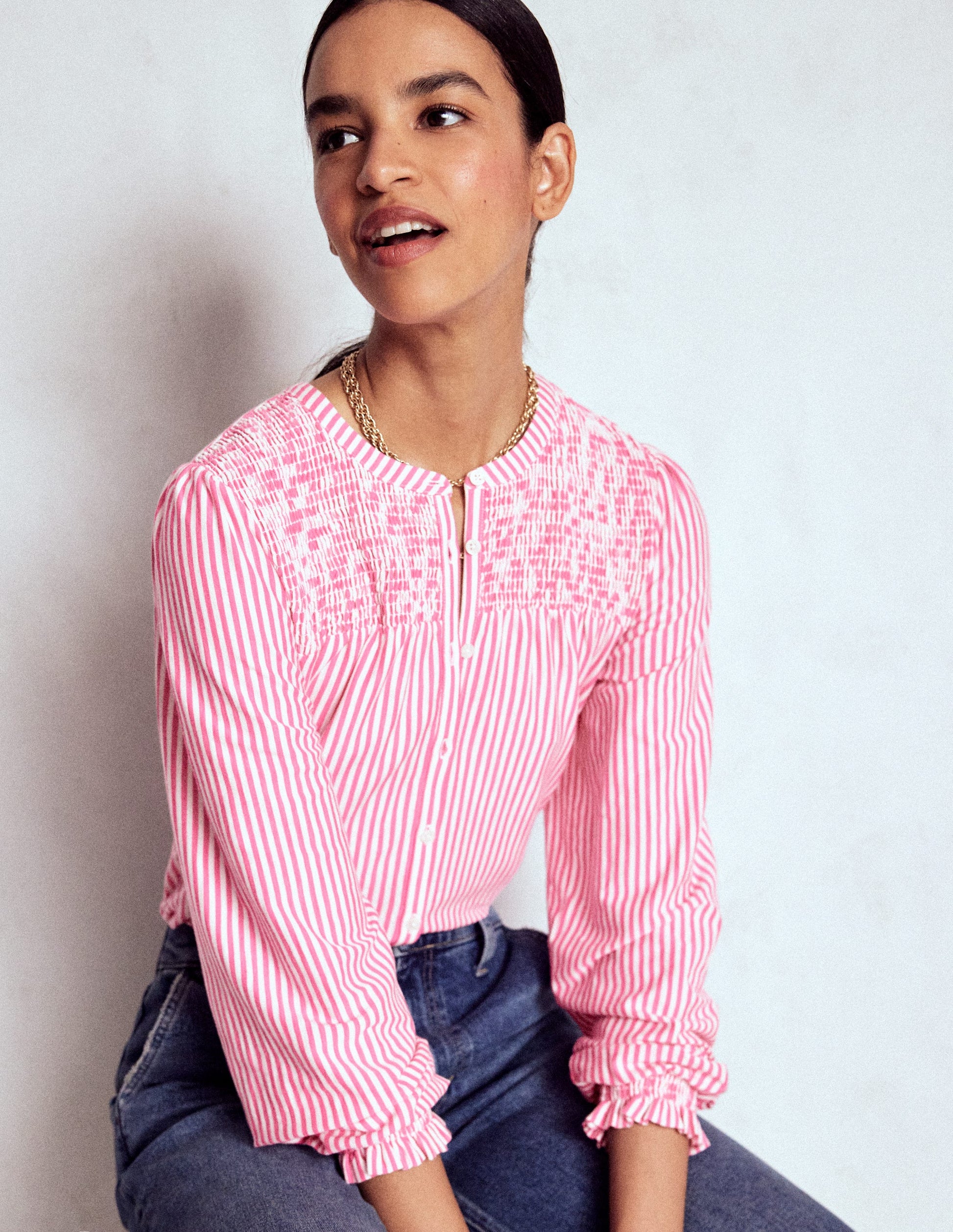 Elsa Jerseyhemd mit gesmokter Passe-Rosa Schleife Streifen-4