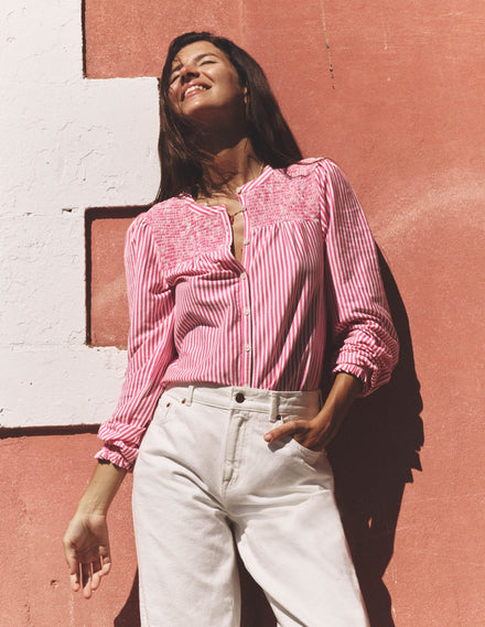 Chemise Elsa en jersey avec empiècement à smocks-Rayé ruban rose
