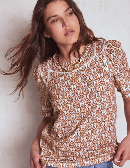 Mila Oberteil mit Spitzenbesatz-Naturweiß und Cognac, Geo-Ornament-1