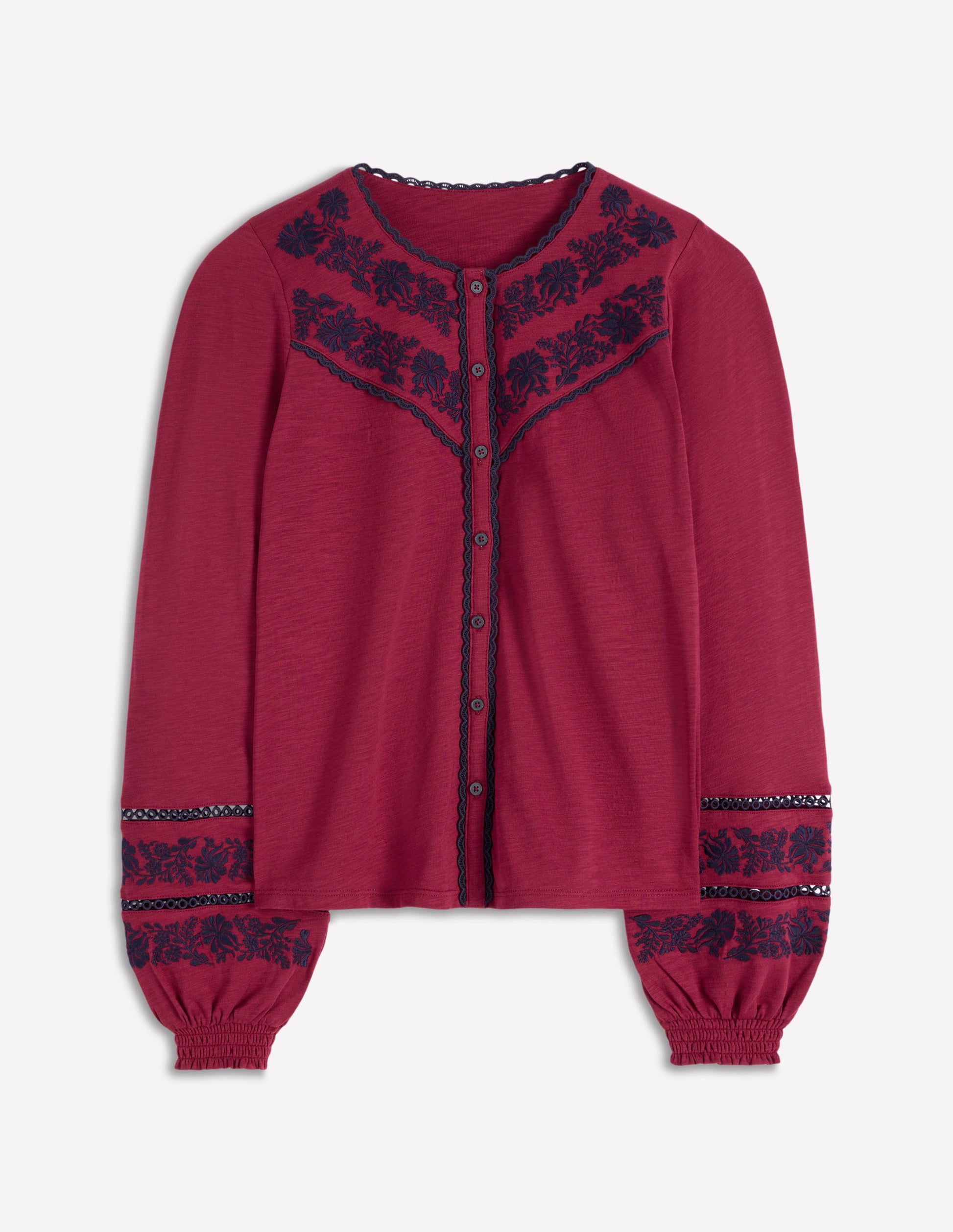 Jerseyhemd mit Besatz-Rumba-Rot, Marineblaue Stickerei-4