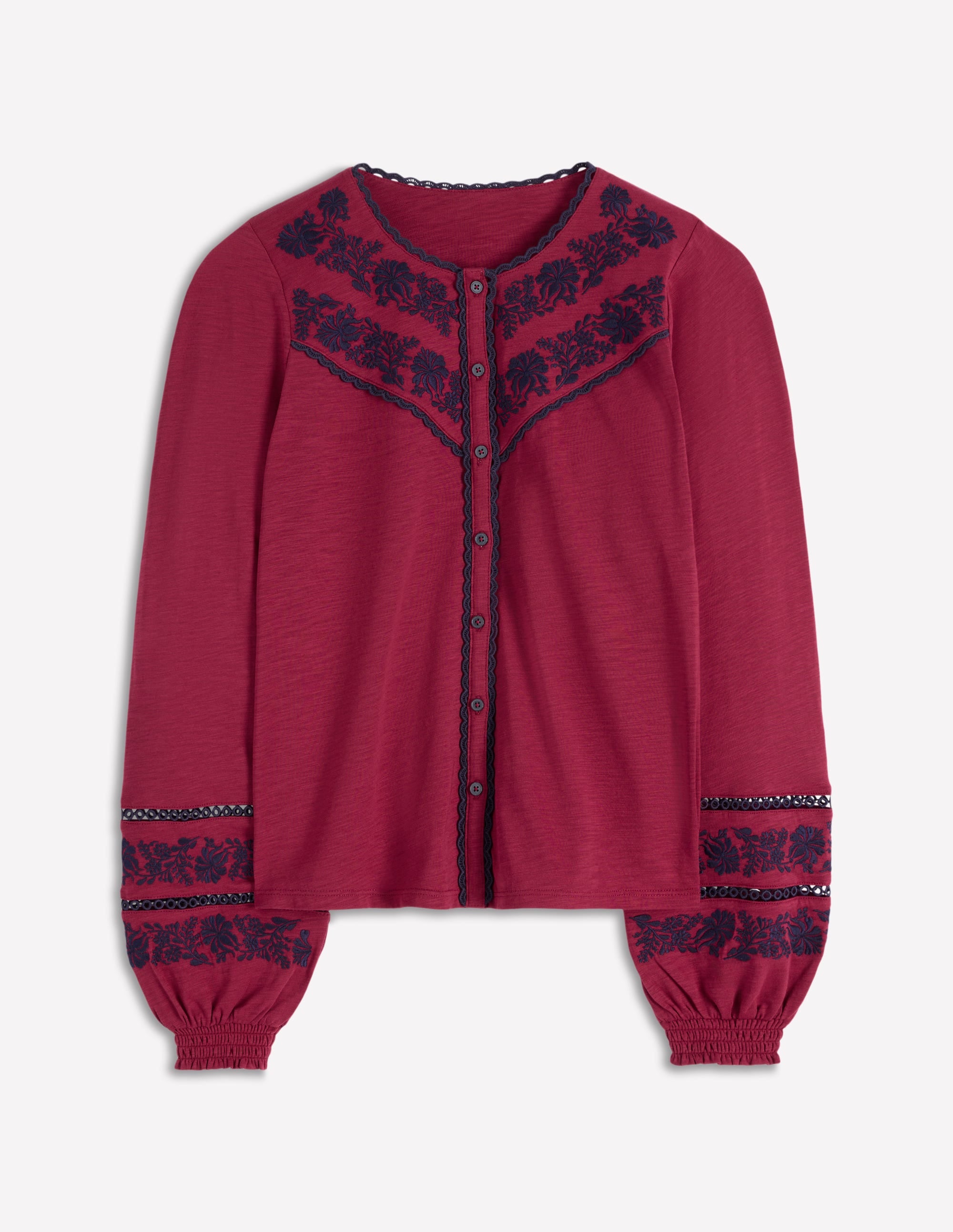 Jerseyhemd mit Besatz-Rumba-Rot, Marineblaue Stickerei - Image 4