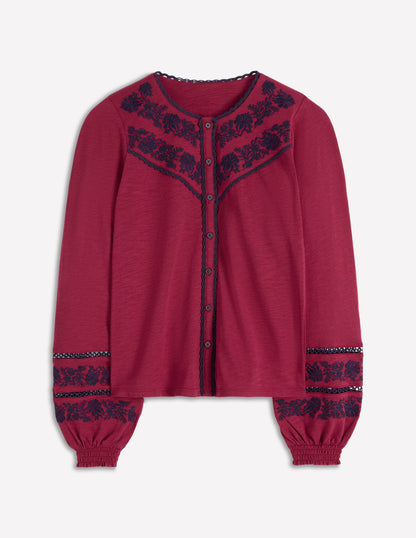 Jerseyhemd mit Besatz-Rumba-Rot, Marineblaue Stickerei-4