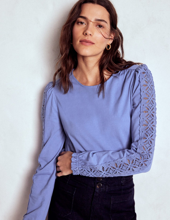 Scarlett Oberteil mit Lochstickerei-Besatz-Blau