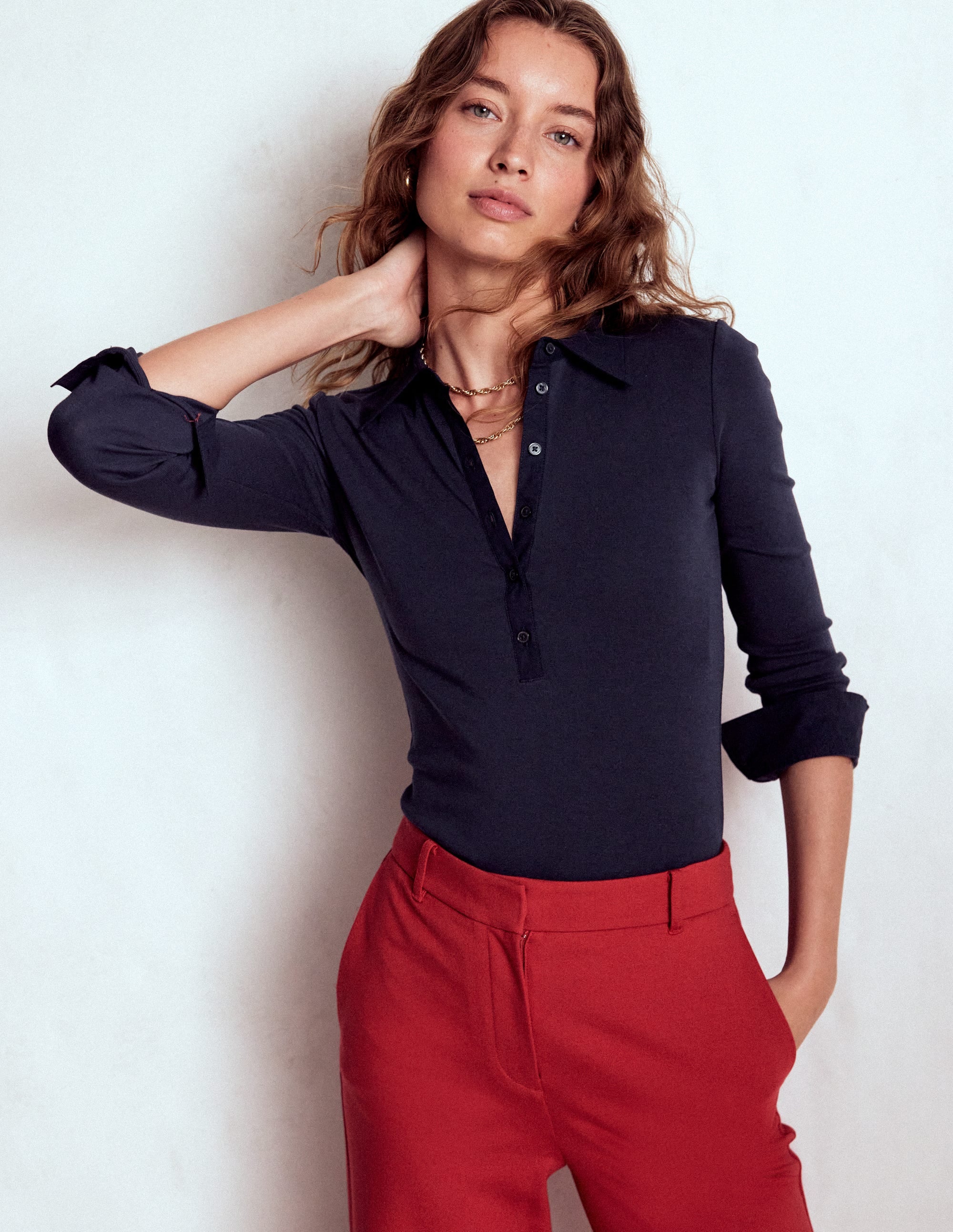 Chemise en jersey à col et patte de boutonnage-Bleu marine - Image 1