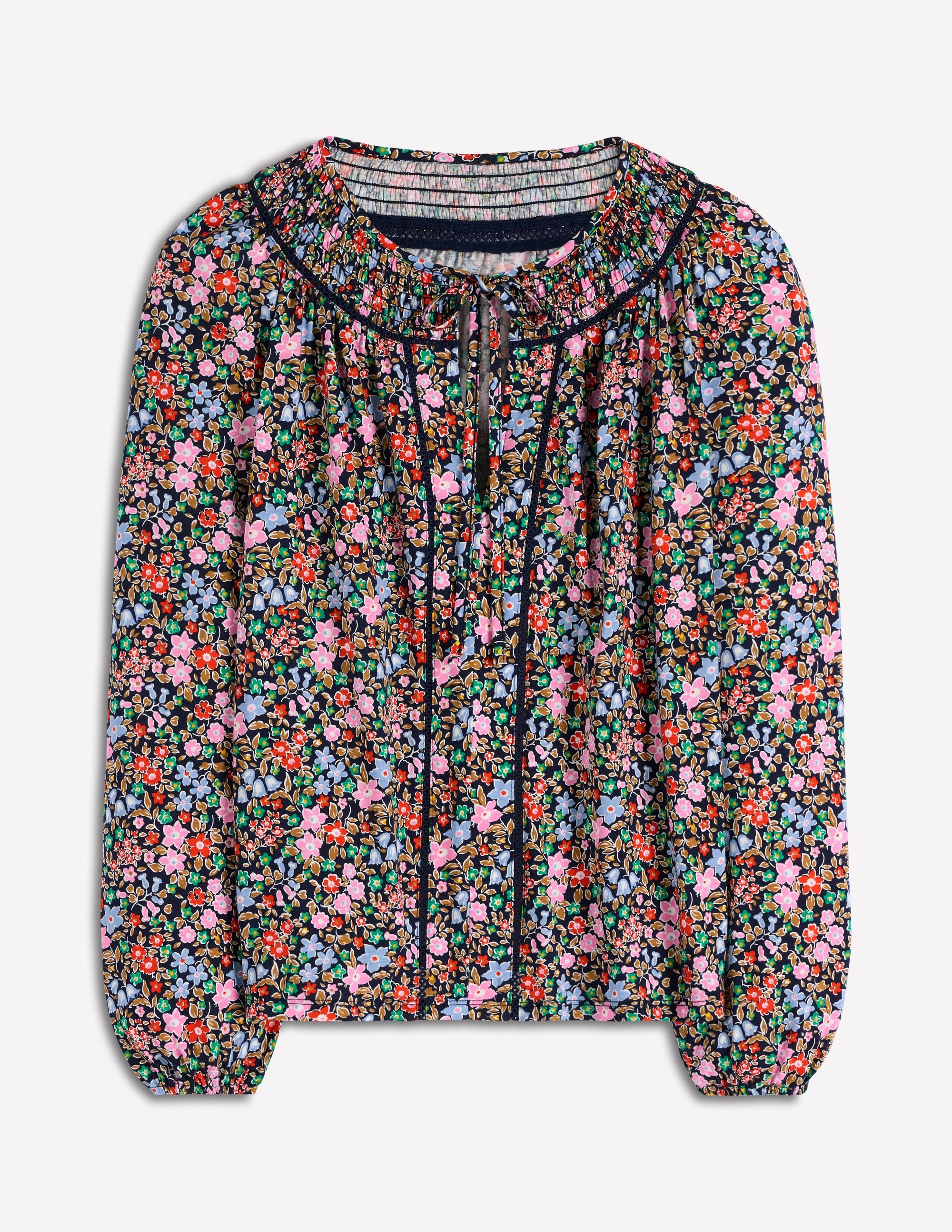 Top Georgia à smocks en jersey-Bleu marine et multi, lit de fleurs - Image 6