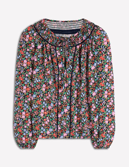 Georgia Gesmoktes Jerseyoberteil-Marineblau und Bunt, Blumenbeet-6
