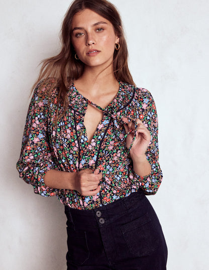 Georgia Gesmoktes Jerseyoberteil-Marineblau und Bunt, Blumenbeet-4