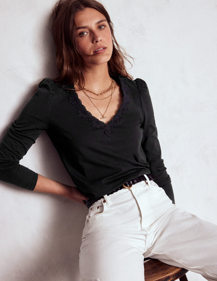 Flora Oberteil mit Spitze und V-Ausschnitt-Schwarz