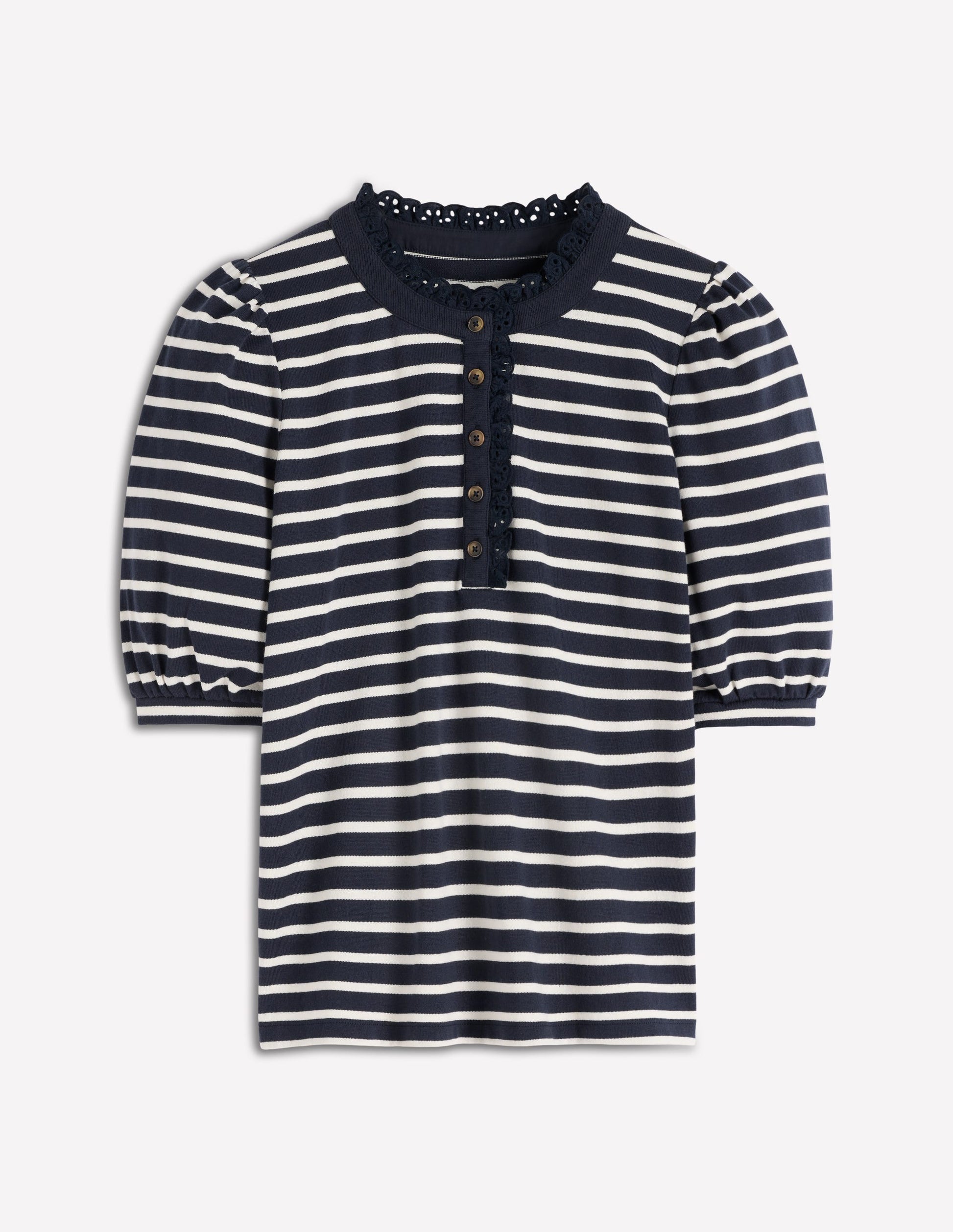 Henley-Oberteil mit Puffärmeln-Marineblau, Naturweiß Gestreift-4