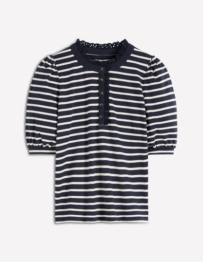 Henley-Oberteil mit Puffärmeln-Marineblau, Naturweiß Gestreift-4