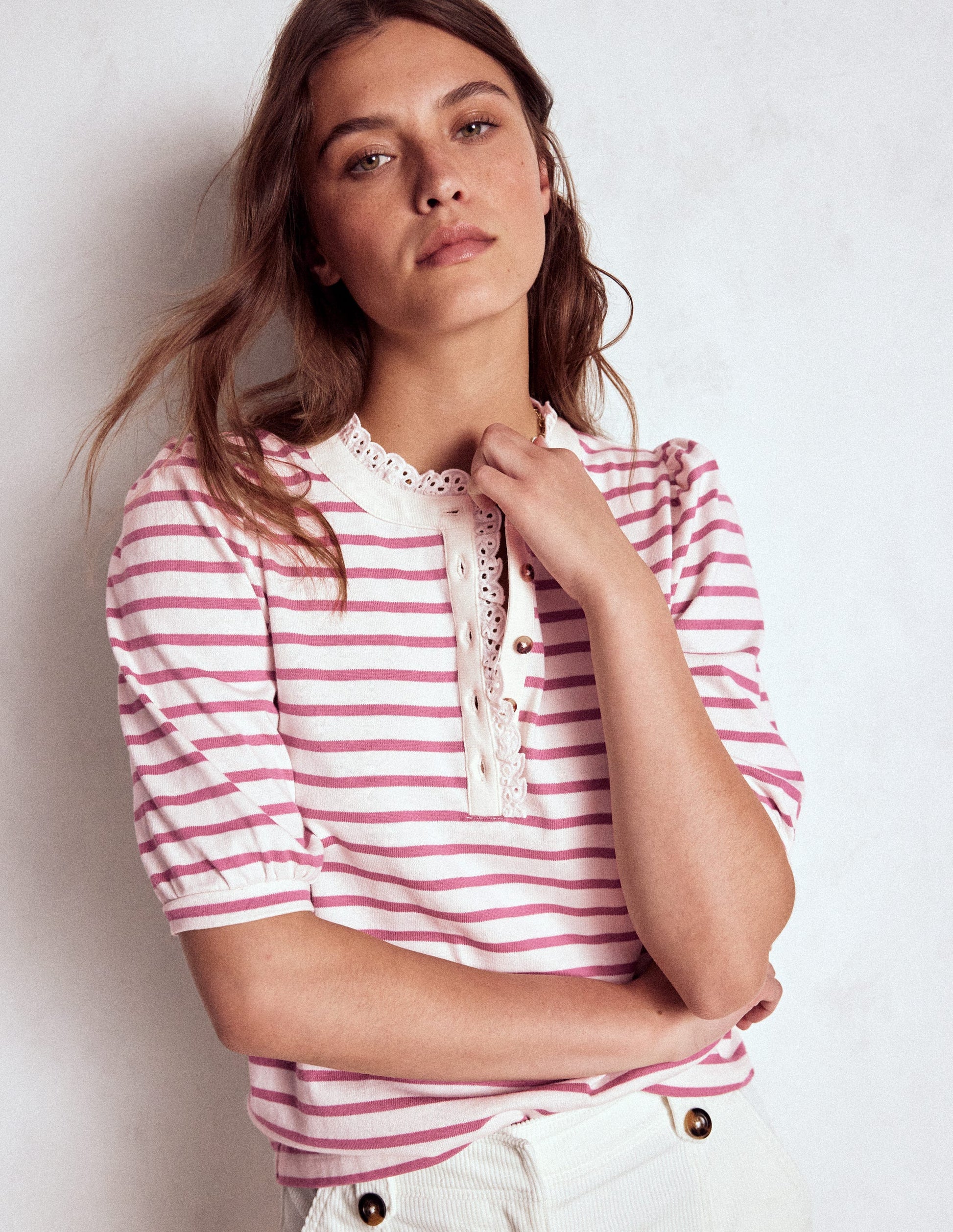 Puff Sleeve Henley-Pink Heather, Ivory Stripe-2