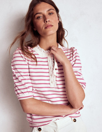 Puff Sleeve Henley-Pink Heather, Ivory Stripe-2