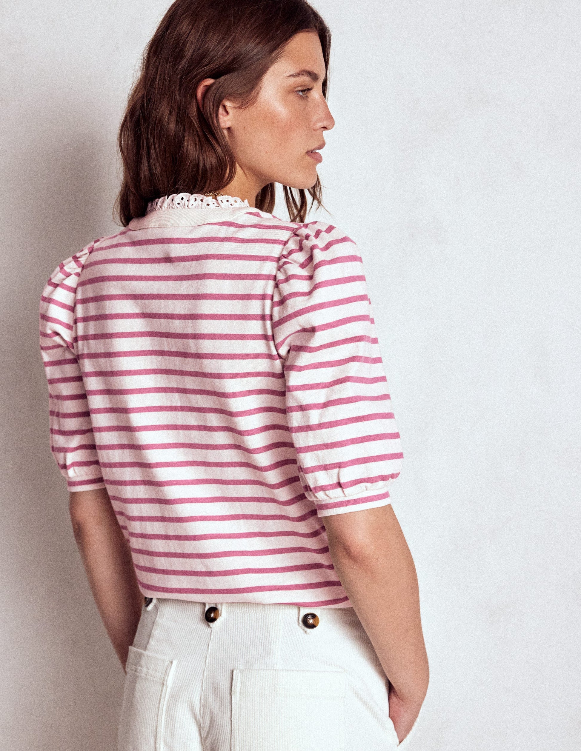 Puff Sleeve Henley-Pink Heather, Ivory Stripe-4