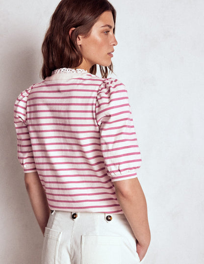 Puff Sleeve Henley-Pink Heather, Ivory Stripe-4