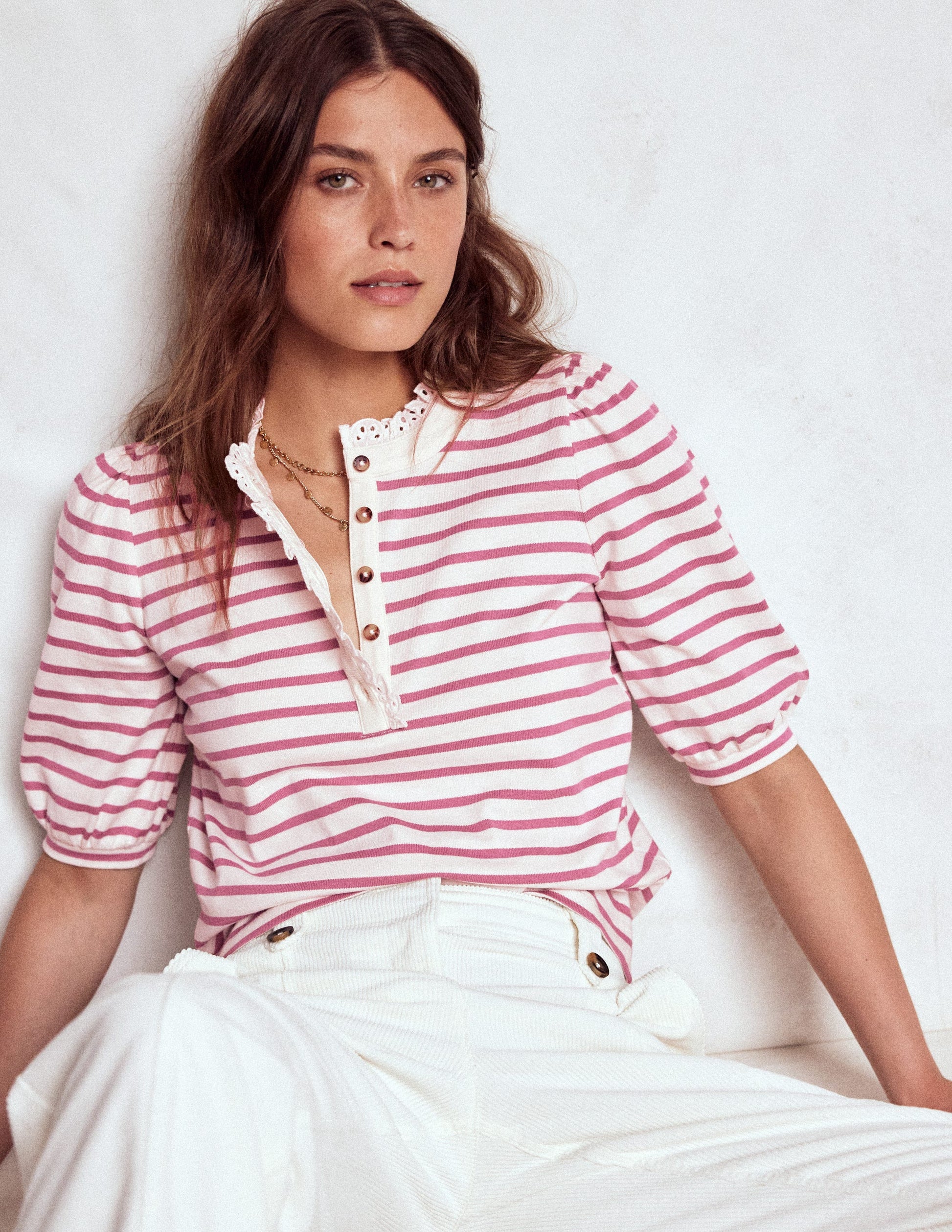 Puff Sleeve Henley-Pink Heather, Ivory Stripe-5