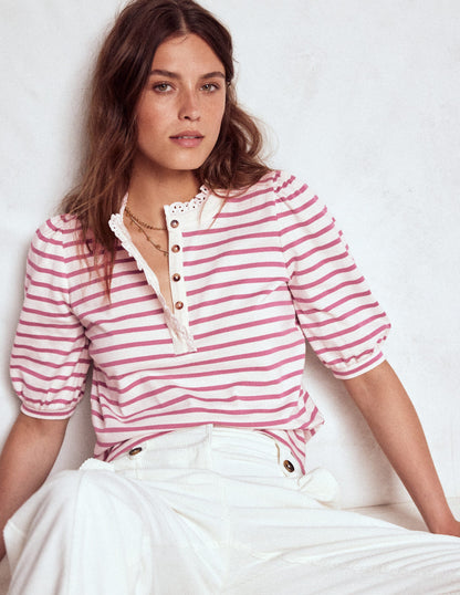 Puff Sleeve Henley-Pink Heather, Ivory Stripe-5