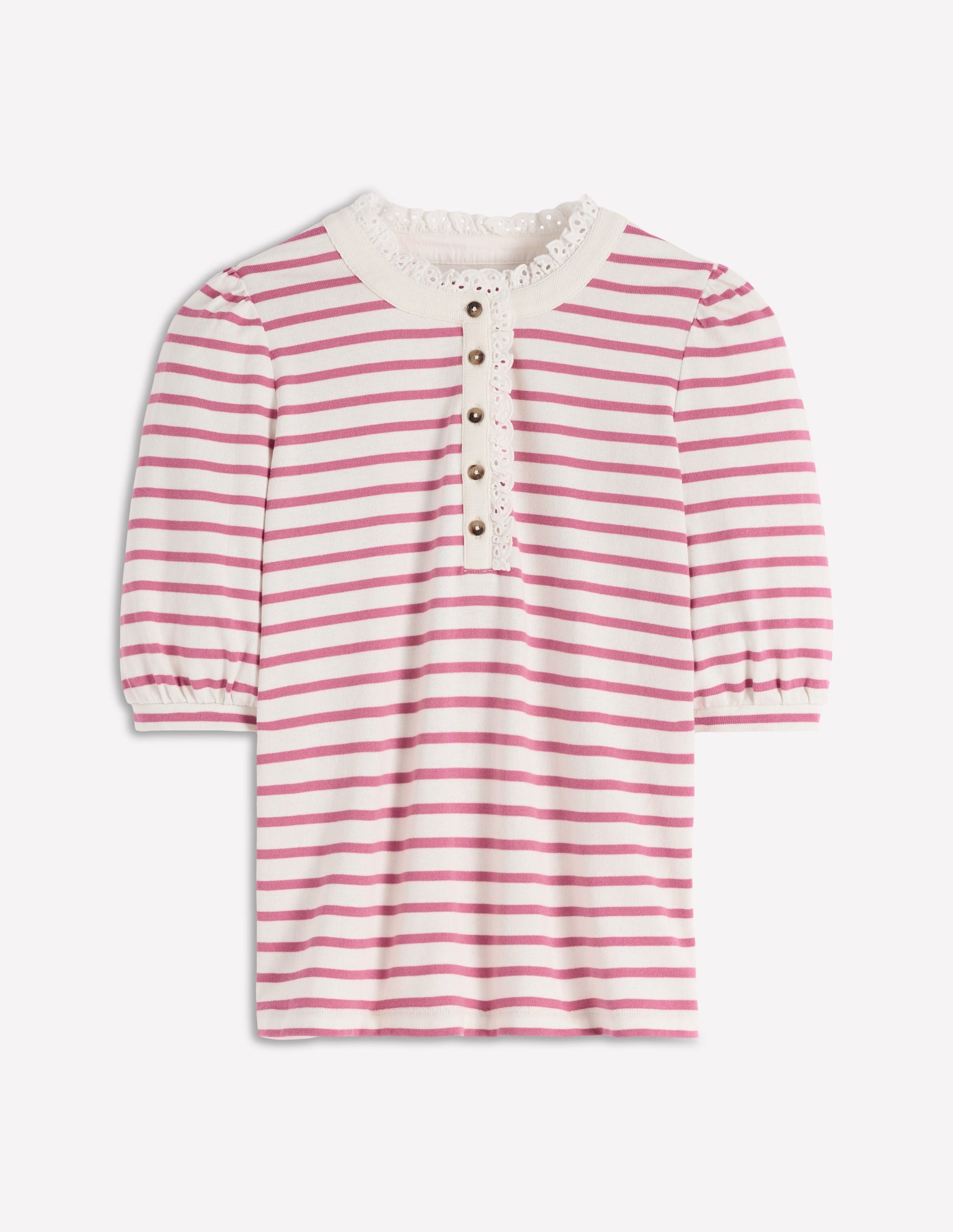 Puff Sleeve Henley-Pink Heather, Ivory Stripe-1