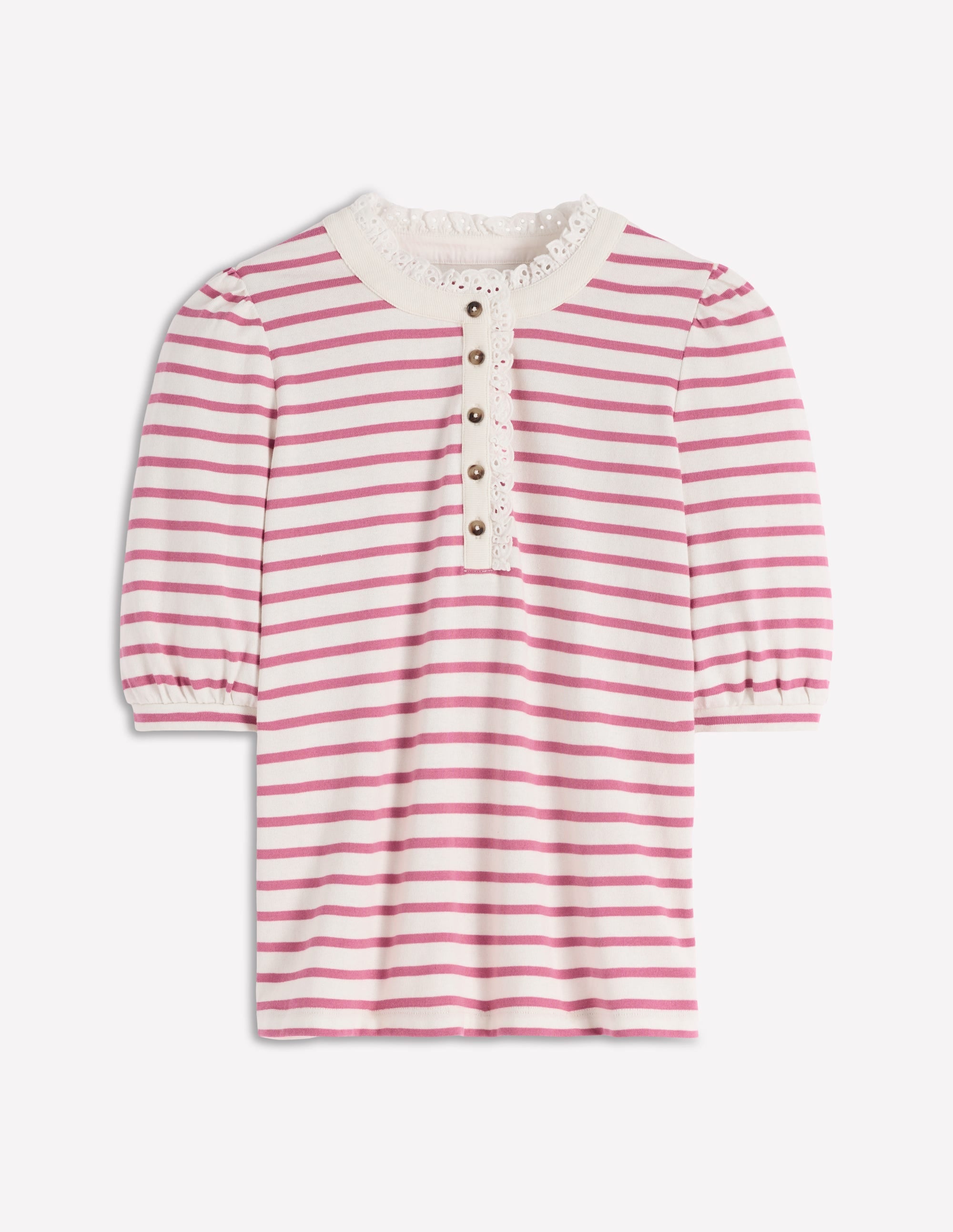 Henley-Oberteil mit Puffärmeln-Rosa Heidekraut, Naturweiß Streifen - Image 1
