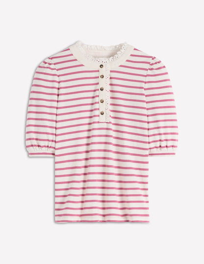 Puff Sleeve Henley-Pink Heather, Ivory Stripe-1