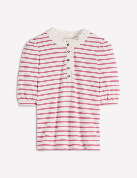 Henley-Oberteil mit Puffärmeln-Rosa Heidekraut, Naturweiß Streifen