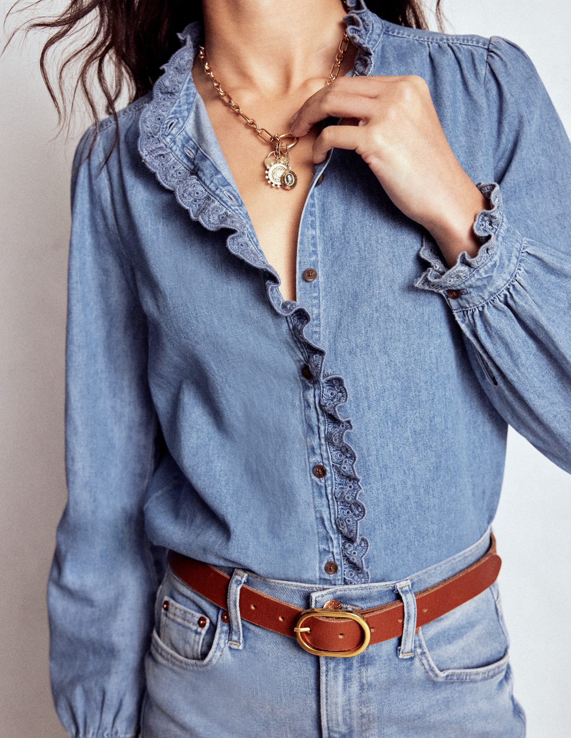 Helena Denim-Oberteil mit gerüschtem Ausschnitt-Hell Authentisch - Image 3