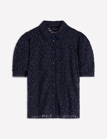 Kurzärmlige Spitzenbluse-Marineblau-7