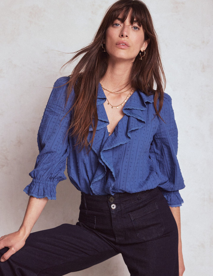 Blouse à col V et volants-Bleu denim