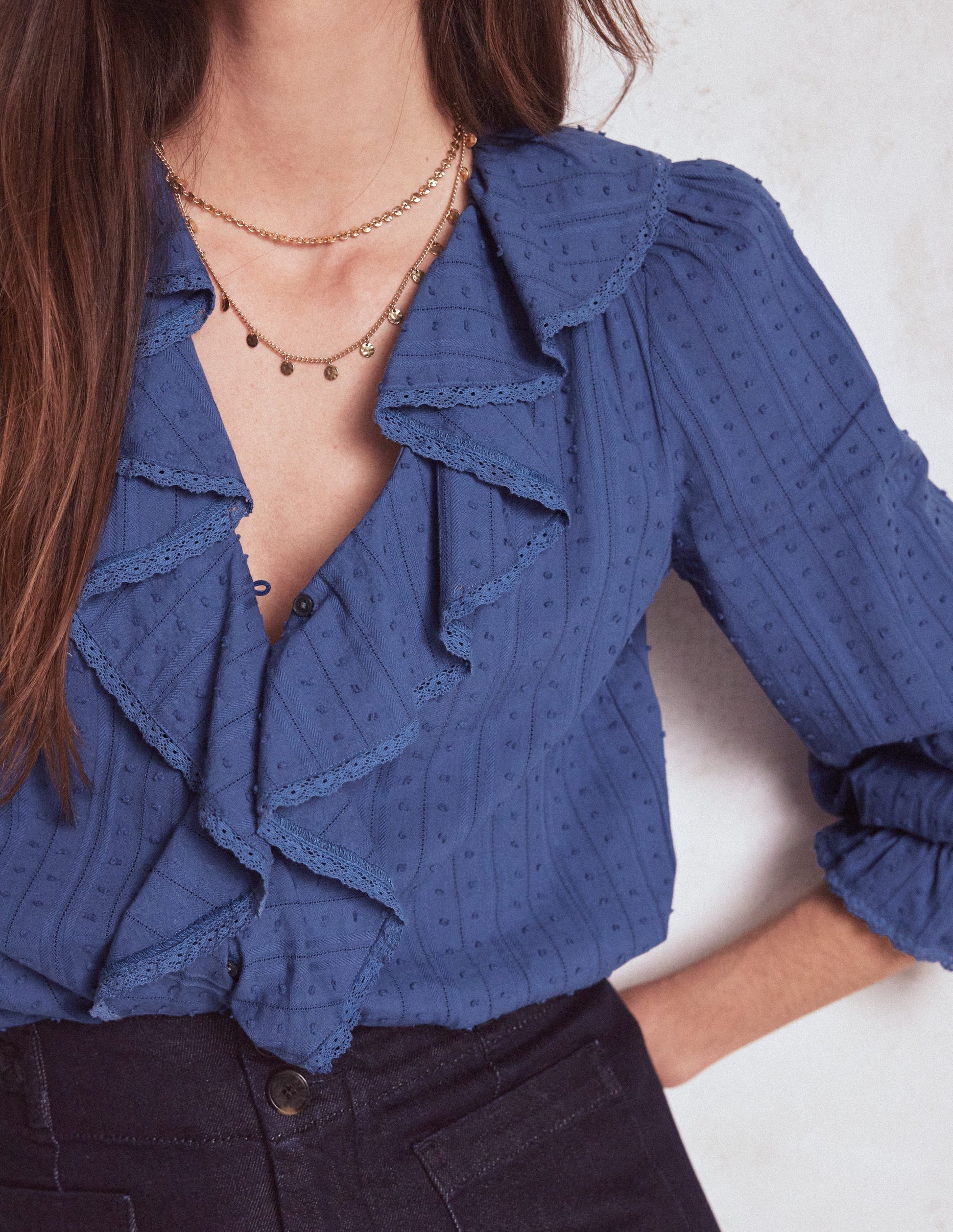 Rüschenbluse mit V-Ausschnitt-Denim-Blau-2