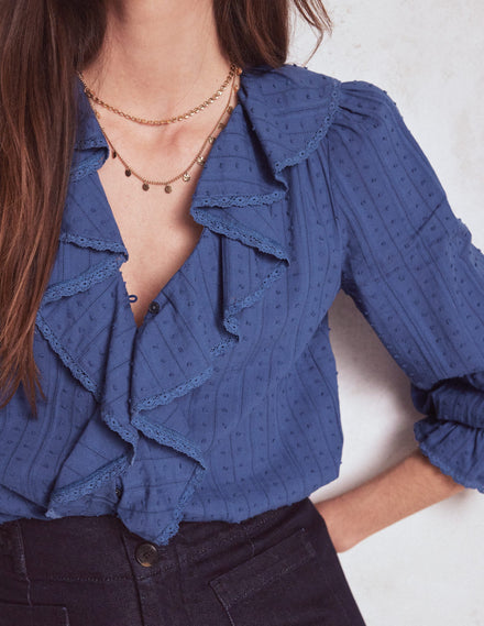 Rüschenbluse mit V-Ausschnitt-Denim-Blau