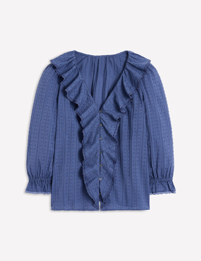 Rüschenbluse mit V-Ausschnitt-Denim-Blau-5