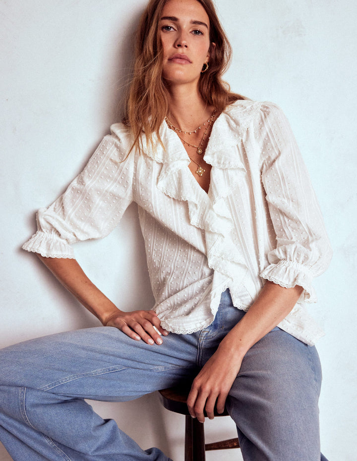 Blouse à col V et volants-Blanc