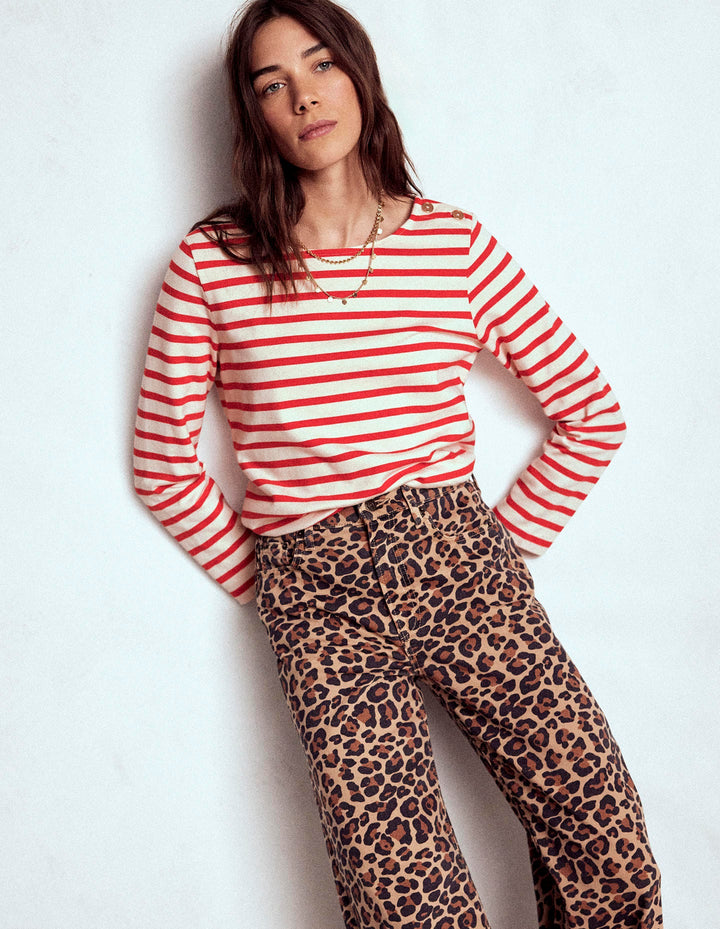 Maritimes Bretonshirt mit Zierknöpfen-Naturweiß und Leuchtendes Rot