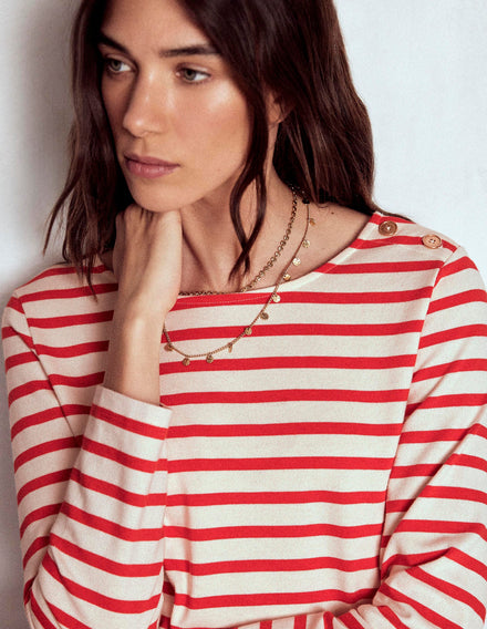 Maritimes Bretonshirt mit Zierknöpfen-Naturweiß und Leuchtendes Rot