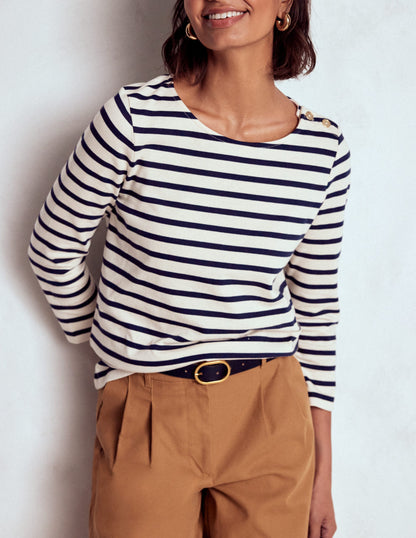 Maritimes Bretonshirt mit Zierknöpfen-Naturweiß und Navy, Gestreift-2