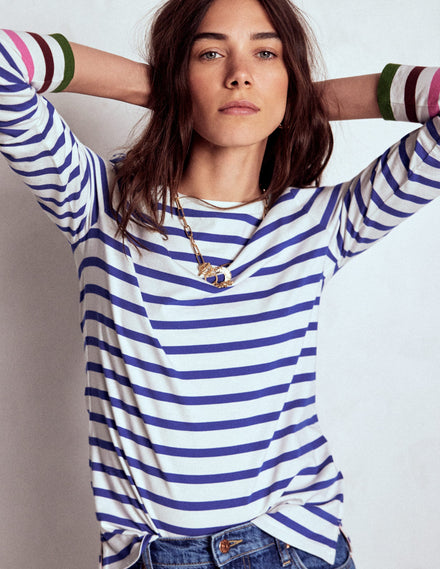 Olivia Langärmliges Bretonshirt-Eisvogelblau, Bunte Manschetten